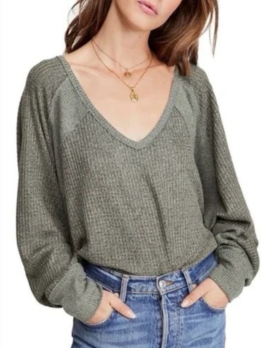 Free People Santa Clara Oversized Thermal Long Sleeve Top in Khaki Green S